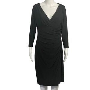 Lauren Ralph Lauren Sz 12 Black Stretch Faux Wrap V Neck 3/4 Sleeve Dress
